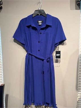 DKNY Cobalt Blue Short-Sleeve Pleated Shirt Dress